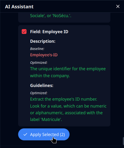 AI Assistant Optimize Apply Changes Button