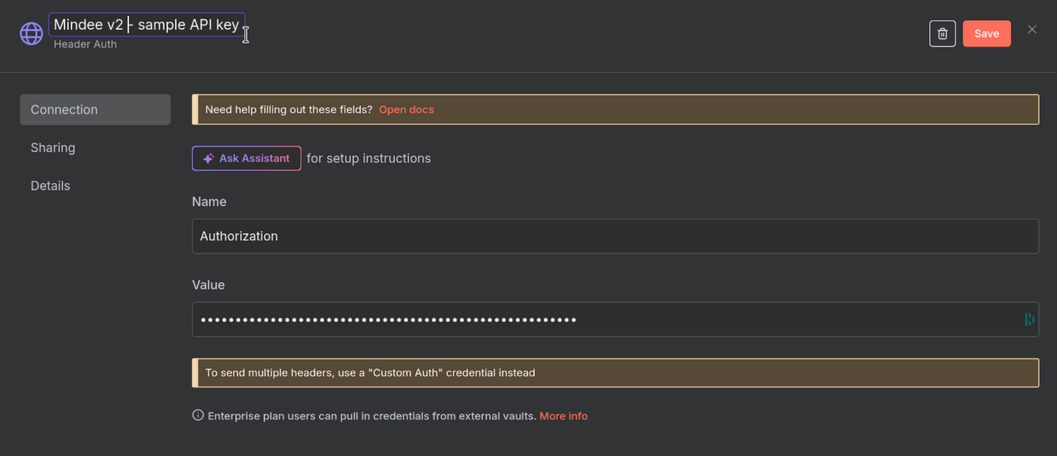 configuring mindee authentication in n8n