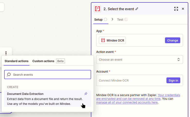Zapier choose Mindee data extraction action