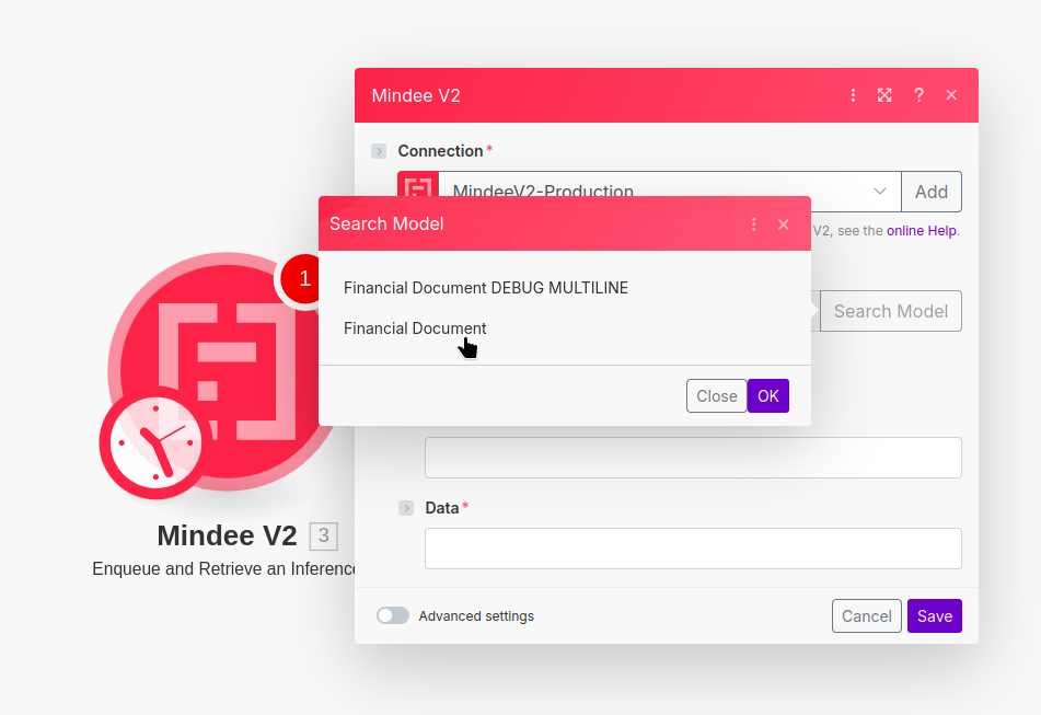 choosing a Mindee v2 model in make.com