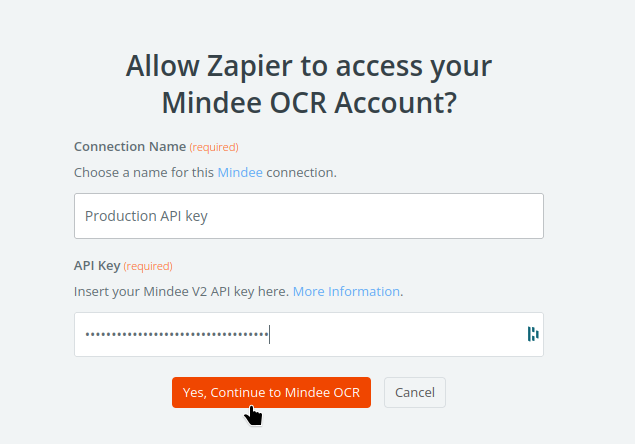 Zapier create connection Mindee API key