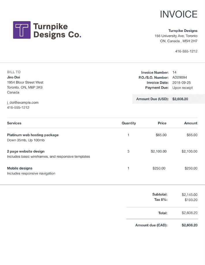 a fake invoice from Turnpike Designs