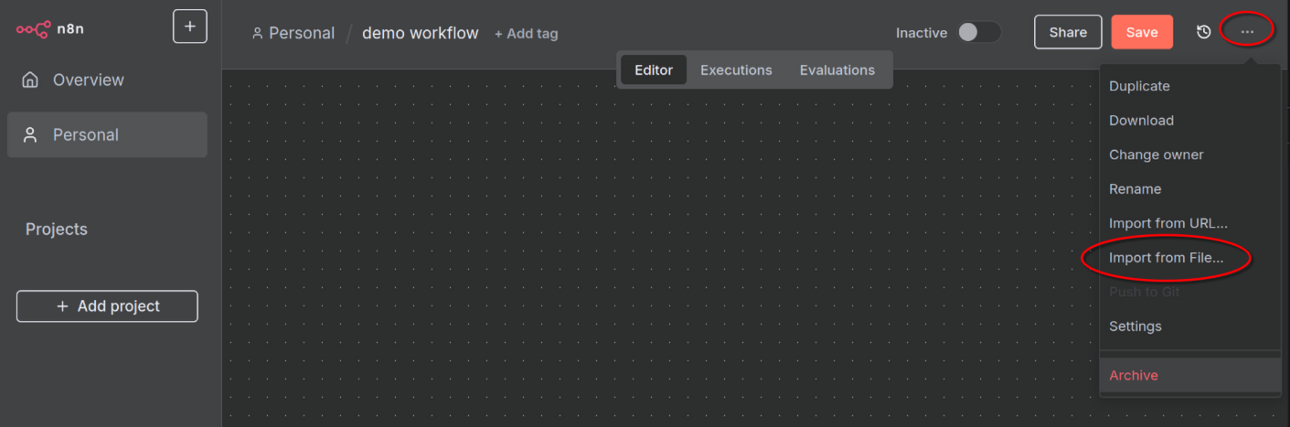 importing the sample n8n workflow